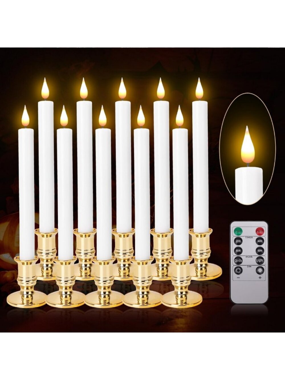 Set of 10 LED Flameless Candles with Remote Timer - Realistic Flickering Lights